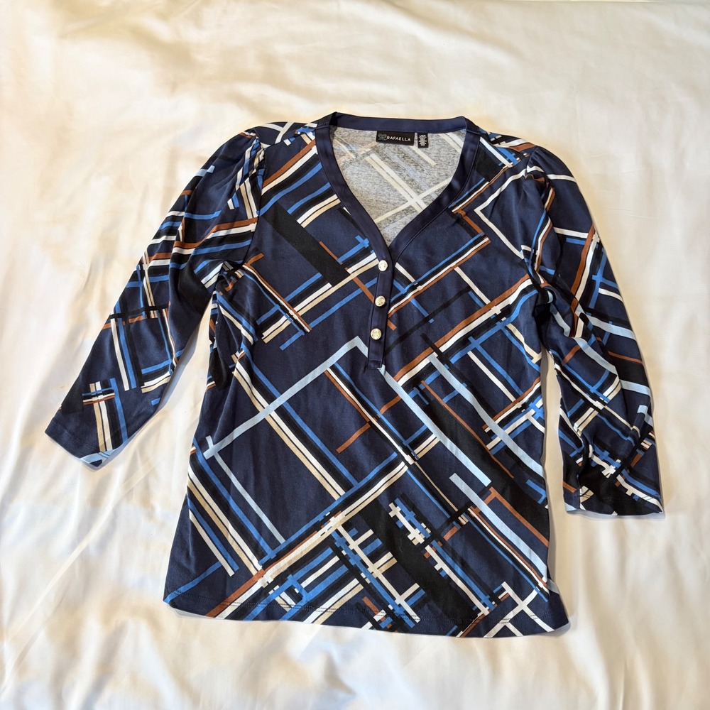 Rafaella Navy Blue Geometric Abstract Print V-Neck Henley Top Large 3/4 Sleeve